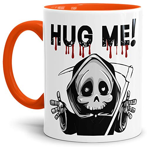 Tassendruck Halloween-Tasse mit Spruch Hug me - der Tod/Sensenmann/Skullhead - Innen & Henkel Orange