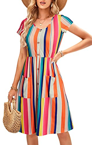 OUGES Sommerkleid Damen Kleider Kurzarm V-Ausschnitt Midi Kleid Knopfleiste Knielang Freizeitkleid mit Taschen(Floral19, L)