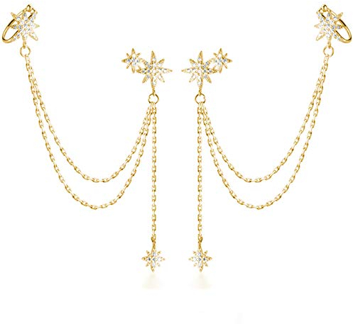 SLUYNZ 925 Sterling Silber Mode Stern Manschette Ohrring Kette für Frauen Damen Wickeln Ohrringe Tropfen Ohrringe Lange Ohren Quasten