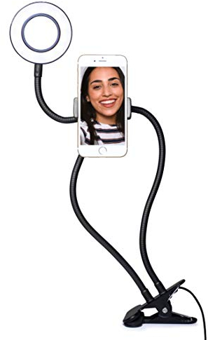 Flexible Lazy Arm Smartphone Holder with LED ring light to enhance your appearance. Perfect all in one solution for hands-free live streaming, selfies or video calls