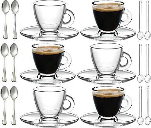 BOHEM'S Tazze da caffè espresso Demitasse, piccole tazze in vetro trasparente, 90,7 g, set di tazze, piattini e mini cucchiai in acciaio inox + cucchiai in vetro omaggio (set da 6)