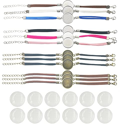 DUGYIRS Armband Lünette die Einstellungen-12 Stück Lederarmband Leere Rundes Tablett Armreifen mit 20mm Klarglas Cabochons für Damen und Herren Schmuckherstellung