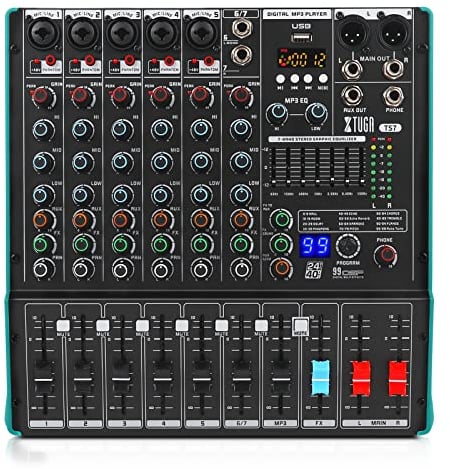 XTUGA TS7 Audio Mixer with 99 DSP Effect 7 band EQ,Independent 48V Phantom Power Mute Bluetooth Function USB Audio Interface Recording for Studio DJ Stage Party