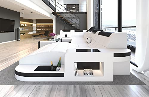 Wohnlandschaft Wave U Form Sofa in Leder - mit LED Beleuchtung, verstellbare Kopfstützen, Recamiere/Lederfarben wählbar/Ausrichtung wählbar (Ottomane rechts, Schwarz-Weiß)