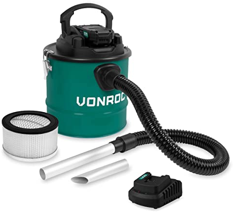 VONROC Kabelloser Aschesauger, 20 V, Aschesauger für Kamin, Werkstatt – mit leistungsstarkem & schnellem Akku 2,0 Ah, Behälter mit 12 l – mit Blasfunktion – Staubsauger HEPA Filter waschbar