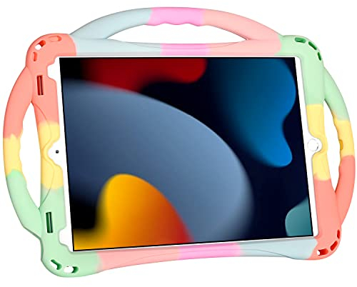 iPad 10.2 Hülle Kinder, Adocham Schutzhülle für iPad 9.,8.,7. Generation, integrierter Standgriff und kommt mit einem Gurt, leichtes, stoßfestes Silikon, iPad 10.2 Zoll 2021/2020/2019 (Regenbogen 1)