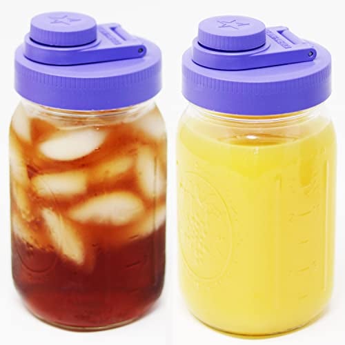 Brewing America Einmachglaskrug aus Glas mit Deckel – Kugelgläser, 1 Quart (32 oz) mit violettem lila breiter Öffnung Einmachglas Ausgießdeckel, für Smoothie, Kaltkaffeeglas Tumbler, 2er-Pack