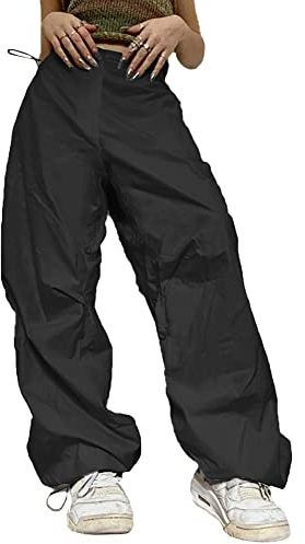 Cargohose Damen Baggy Y2K Parachute Pants Frauen High Waist Fallschirm Hose Vintage Track Pants Hip Hop Freizeithose Jogginghose Teenager Mädchen 90er E-Girl Streetwear Hose mit Taschen Schwarz S