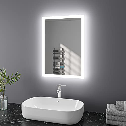 Finmrys Badspiegel mit Beleuchtung 50x70 cm LED Spiegel Bad mit Touch-Schalter Beschlagfrei Badezimmerspiegel Dimmbar Beleuchtet Kaltweiß Warmweiß Horizontal Vertikal(19.69x27.56 Inch)