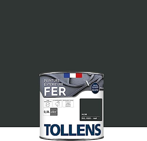 Tollens - Peinture extérieure fer 2 en 1 - Ultra Résistante - Protection antirouille - Laque Riche en Résine - Sans Sous-Couche - Entretien Facile - Brillant - Noir Mat - 0,5L = 8m2