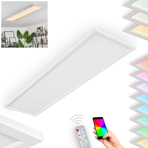 LED Deckenpanel Vex, dimmbare Deckenleuchte aus Metall/Kunststoff in Weiß, 120cm, 38 Watt, 4000-4500 Lumen, 2700+6500 Kelvin, RGB Farbwechsler, steuerbar über Smart App oder beiliegender Fernbedienung