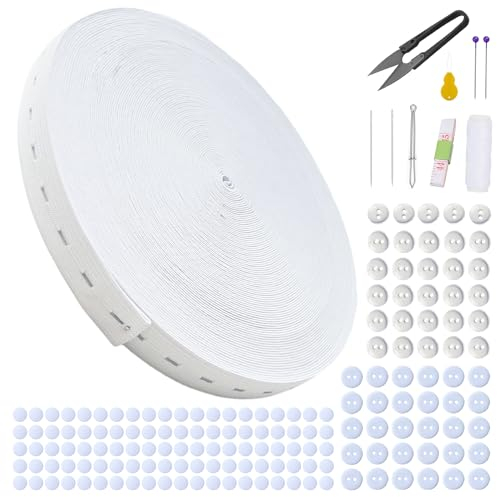 AOUXSEEM 32,8 Meter weißes Gummiband mit Löchern, 1,9 cm breiter Knopfloch-Stretchstreifen mit 160 Knöpfen, perfekt zum Anpassen von Hosen, Shorts, Jeans, Mutterschaft/Kinderkleidung, Binden von