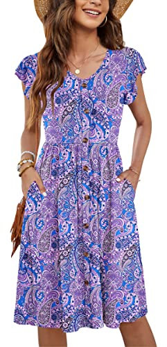 MOLERANI Vêtements D'été Volants Manches V Cou Décontracté Swing Taille élastique avec Poche Robe De Midi pour Les Femmes Paisley Fleur Violet 2XL