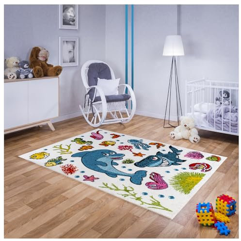 Teppich für Kinderzimmer in Weiß, Blau Kinderteppich 160 cm x 230 cm mit Meer Fisch Delphin Motiv, Babyteppich für Mädchen und Jungen