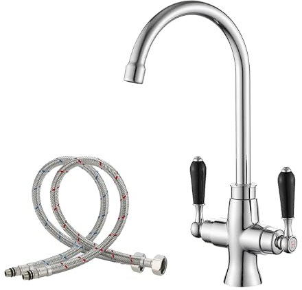 Haiba Kitchen Mixer Tap Chrome 1 Hole Brass Material Black Ceramic Dual Lever Monobloc Gooseneck High Arch 360 Swivel Hot and Cold Sink Taps Deck Mount for Kitchen with UK Standard Fittings