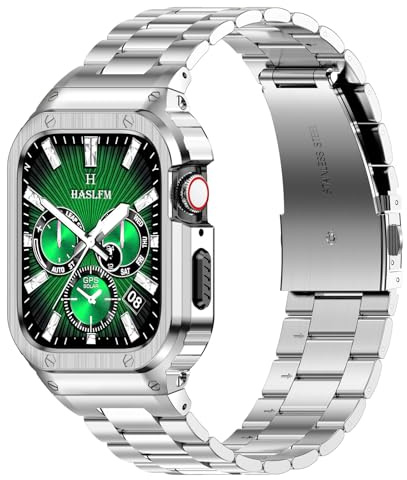 HASLFM Edelstahl Armband mit Gehäuse Kompatibel mit Apple Watch Series 11/10/9/8/7/6/5/4/3/2/1 SE3/2/1 Ultra/Ultra 2/Ultra 3, iWatch Armband und Schutzhülle für Männer