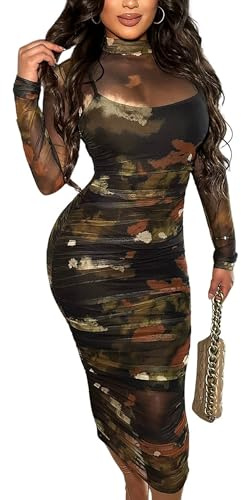 MOEENCN Sexy Long Sleeve Midi Dress for Women Sheer Mesh Printed 2 Piece Outfits Crew Neck See Through Bodycon Party Clubwear