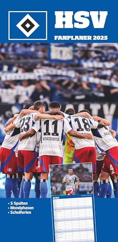 N NEUMANNVERLAGE - Hamburger SV 2025 Fan-Timer, 22x45cm, Fußball-Familienplaner mit 5 Spalten und Motiven der Stars, Fan-Kalender mit Fußball-Highlights, Ferientermine und deutsches Kalendarium