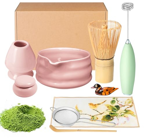 Matcha Whisk Set and Bowl, Matcha Making Kit Whisk, Bowl With Spout, Sifter, Ceramic Whisk Holder, Spoon Japanese Tea Powder Starter Tools For Ceremony Gift (Pink, 9 Pack)