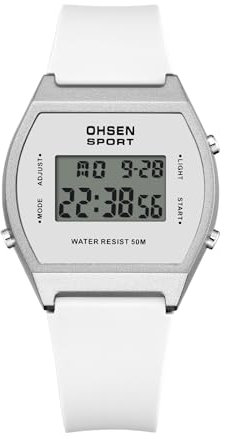 JewelryWe Reloj Digital Deportivo Unisex: Relojes Blanco Electrónico de Cuarzo para Hombre Mujer Resistente al Agua Correa de Caucho 24Horas Retroiluminación EL Cronógrafo - para Deporte Ocio Regalo