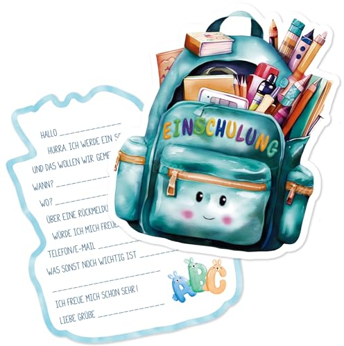 BETESSIN 12er Set Einschulung Einladungskarten Junge Blau - Einschulung Karten im süßem Schultaschen-Design - Einschulung Einladungen für Junge und Mädchen Einschulungsfeier uvm.