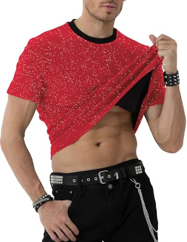 Mauro Kane Glitzer T-Shirt Herren Pailletten Kurzarm Tops Metallic Glänzend Shirt Party Oberteile Rot L