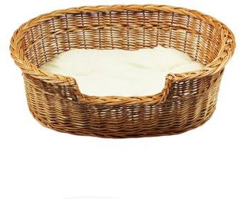 Damian-Wiklina Hundebett – Katzenbett – Hundeliege – Katzenliege – Katzenkorb – Hundekorb aus Weide – Hundekörbchen – BTH 47x32x11/15 cm – mit Ecri-Kissen