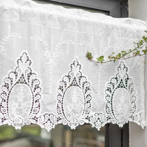 Ricemru Barock Scheibengardinen Kurzstores Landhausstil Vintage Kurz Weiß Halbtransparent Hohlstickerei Blumen Baumwolle Bistrogardinen Halb Gardinen Fenster Wohnzimmer Küche 150x40