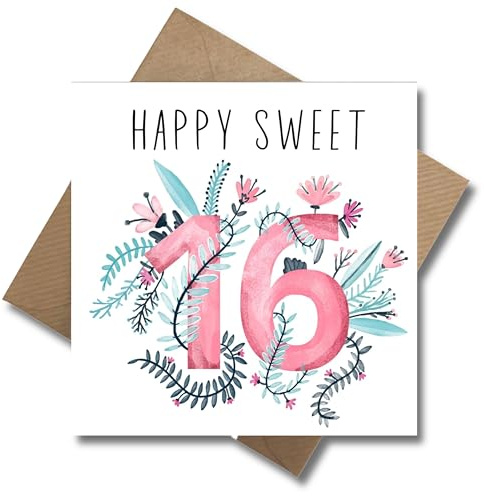 WBdesignz 16 Geburtstag Karte mit Umschlag - Schöne Geburtstagskarte “Happy Sweet 16” Glückwunschkarte Geschenkkarte zum 16. Geburtstag Happy Birthday Karte (125 x 125 mm)