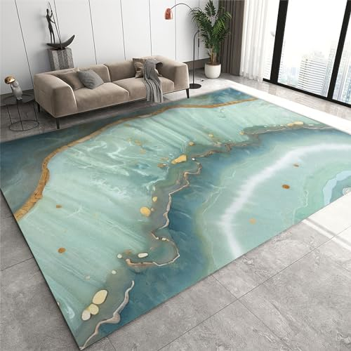 SANSJI Nordic Light Luxus Grün Teppiche Gegend, Abstrakt Marmor Gold Pflegeleicht Waschmaschinenfest Teppiche - für Wohnzimmer, Kinderzimmer, Schlafzimmer und die Küche 60 x 140 cm