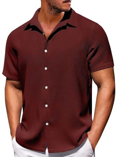 Herren Hemd Kurzarm Button Down Freizeithemd Waffel Knitterarm Stretch Business Hemd Regular Fit, 01-rot, M