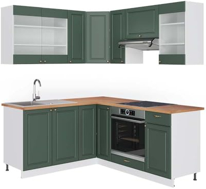 Vicco Eckküche Fame-Line, Grün-Gold Landhaus/Weiß, 190 x 160 cm | 10 Module · Höhenverstellbare Füße · AP Eiche inkl. · MDF-Fronten · Softclose · Metallgriffe