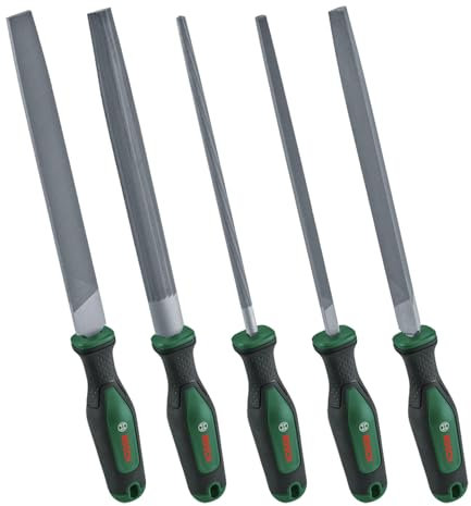 Bosch set di lime 5 pz. (robusto set di lime in metallo, contenente lime rotonde/semiarr./piatte/triang./quadrate; in acciaio al carbonio duro; lungh. stelo 200 mm; taglio medio 2; Softgrip)