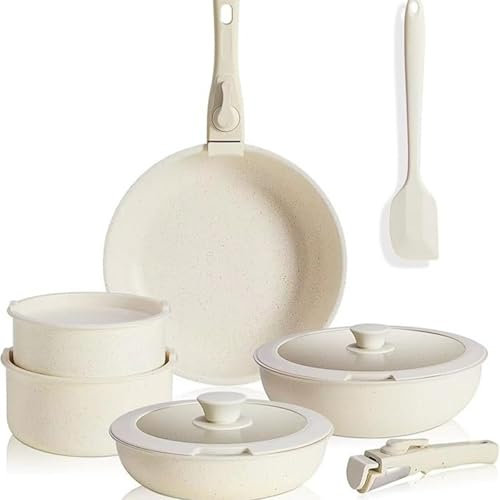 NISHISHUAIGE 12-Teilig Topfset Induktion Pfannenset Mit Deckel Antihaft Kochgeschirr-Set Mit Holzgriff Töpfe Und Pfannen Set Induktion Induktionsherd Stapelbar Ohne PTFE Und Pfoa,12 Pieces