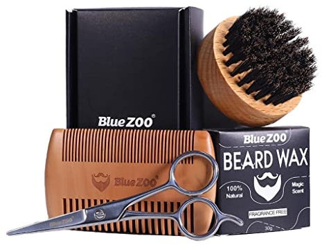Premium Herren Bartpflegeset mit Bürste, Kamm, Schere, Wachs - Formen, Pflegen & Stylen Sie Ihren Bart | Natürliches Holz & Edelstahl Werkzeuge Geschenkset für Reisen - wie beschrieben, Holz