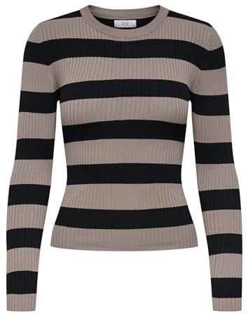 JdY JDYPLUM Women's Striped Long Sleeve Knitted Jumper Striped Top Ribbed Basic Knit Sweater Top, Mountain Trail, XL
