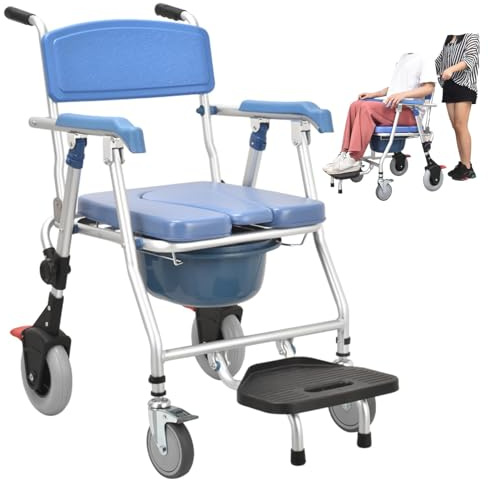 Transport Duschstuhl mit Rollen und Bremsen, Multifunktions-Rollstuhl für Toiletten, mobiler Duschrollstuhl für Nachttisch