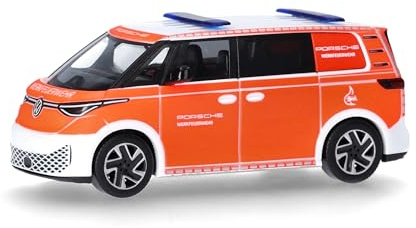 Herpa Model Car VW ID. Buzz Werkfeuerwehr Porsche, miniature scale 1:87, collectible, Made in Germany, plastic model