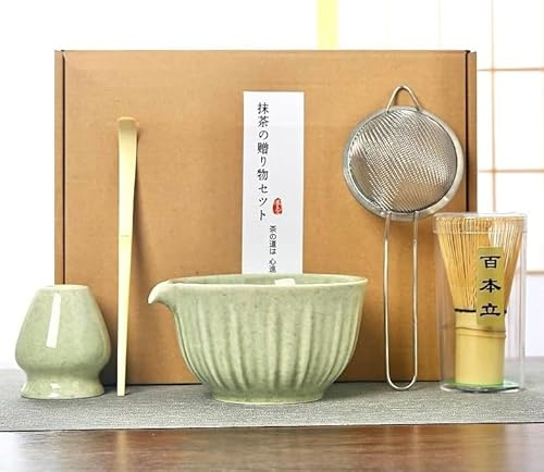 Ecofocet Té Matcha Kit de 5 Piezas, Juego de Té Matcha Japonés con Cuenco de Matcha, Batidor de Bambú, Soporte de Cerámica para Batidor, Cuchara y Colador - Set para Ceremonia del Té, Hogar o Regalo