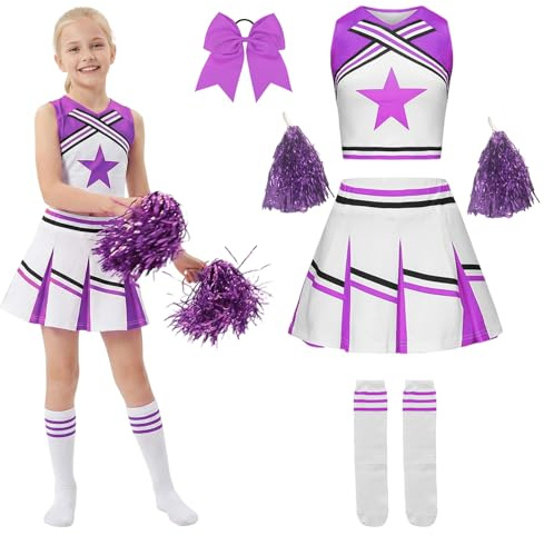 Raveparty Costume de pom-pom girl pour fille - Ensemble avec robe, pompons, chaussettes - Costume de carnaval pour carnaval, fête, cosplay (style D, 130)