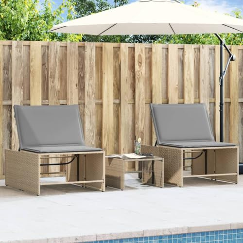 Hoopleep Sonnenliegen 2 STK. mit Tisch Beige Poly Rattan, verstellbar, UV-beständig, 70x196cm Outdoor Liegestuhl Set für Terrasse, Balkon, Pool, bequem