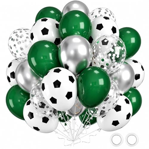 Ovanda 50 Stück Fußball Luftballons Set mit 2 Rollen Weißem Band | Fußball Deko Geburtstag, Grün Silber Weiß Fussball Ballons,Konfetti Luftballons für Kindergeburtstag Junge, Sportparty