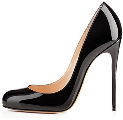 Elashe Runde Spitze Damen Pumps | 12CM Bequeme Lack Stilettos | Elegante High Heels Lack Schwarz EU43