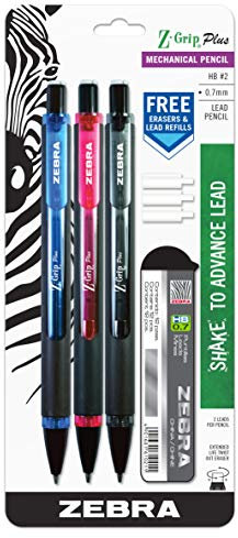 Zebra Z-Grip Plus Druckbleistift, 0,7 mm, Bonusmine und Radiergummis, verschiedene Schaftfarben, Blau, Rosa, Schwarz, 3 Stück