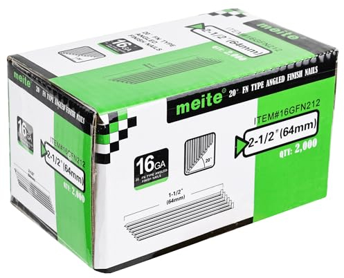 meite Type 16G / 64 mm Angled Finish Nails, 16 Gauge 20 Degree Galvanised Angled Finish Nails for Nailer Gun (2,000 Counts)