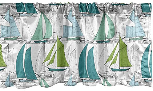 Ambesonne Nautical Window Valance, Sailing Boats on The Ocean Surfing Coastal Theme Marine Life Colorful Maritime, Curtain Valance for Kitchen Bedroom Decor with Rod Pocket, 54 X 12, Teal Green