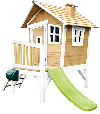 AXI Spielhaus Robin mit hellgrüner Rutsche | Stelzenhaus in Braun & Weiß aus FSC Holz für Kinder | Spielturm für den Garten