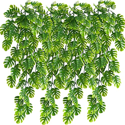 LOVENIMEN Artificial Hanging Vines 4 Pack, Fake Monstera Leafs Vine Ivy Jungle Leaf Plants Tropical Palm Leaves Rattan for Houseplants Indoor Home Kitchen Garden Outdoor Wall Wedding Decoration