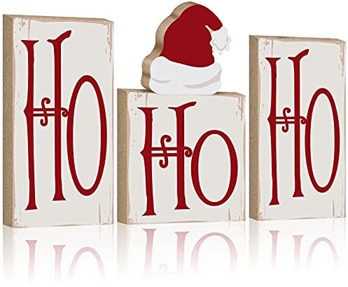 Wesiti 4 Stück Weihnachten Ho Ho Ho Ho Tischdekoration Ho Ho Ho Holz Glitzer Weihnachten Blöcke Weihnachten Holz Tischschild Urlaub Weihnachten Dinner Party Decor