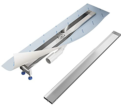 Aquabad Duschrinne SDS Premium aus poliertem V2A Edelstahl, Länge 120 cm, waagerechter Abgang Mitte, Komplett Set mit Blende: Bord, Siphon und Haarsieb